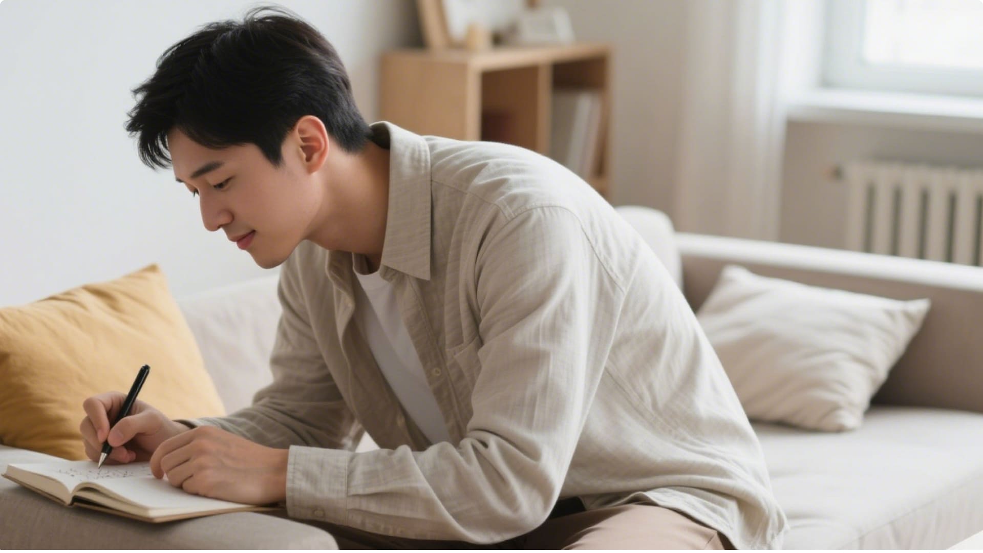 소개팅을 앞둔 남자가 좋은 소개팅 대화 주제를 위해 나 자신에게 좋아하는 것을 물어보는 마음의 지도를 작성한다.
